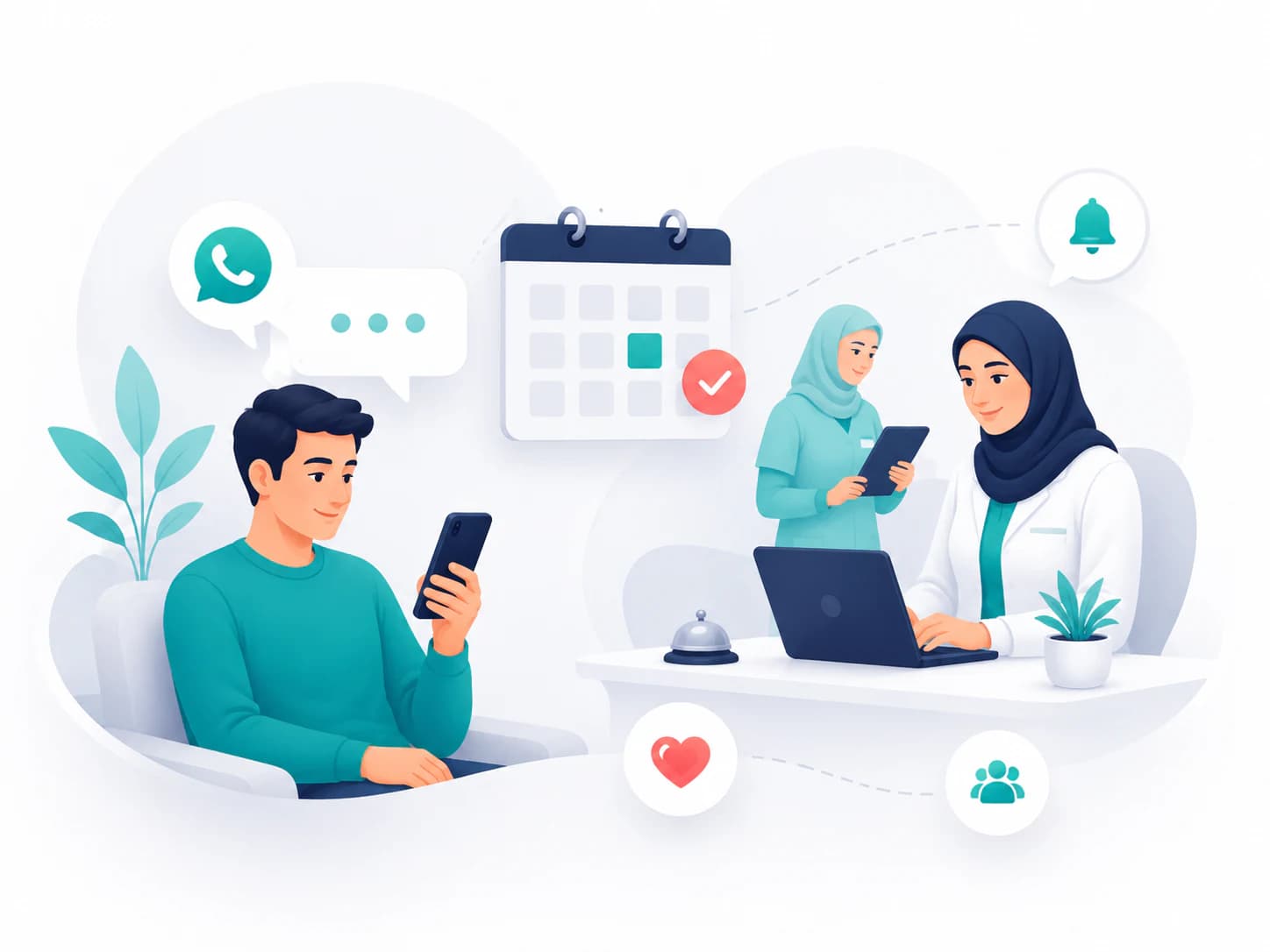 مشهد يوضح تنظيم مواعيد العيادات وتذكيرات العملاء من خلال المحادثات
