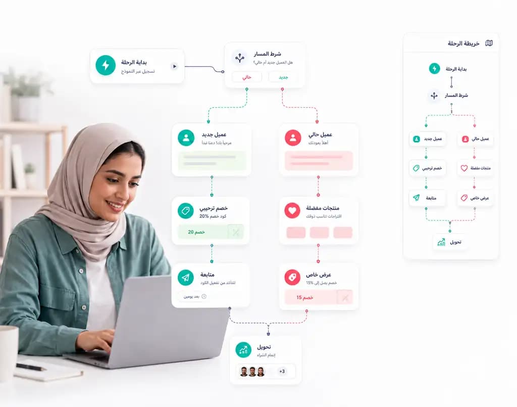 موظفة تبني رحلة أتمتة داخل Taly مع شروط ومسارات وتحويلات واضحة للعميل