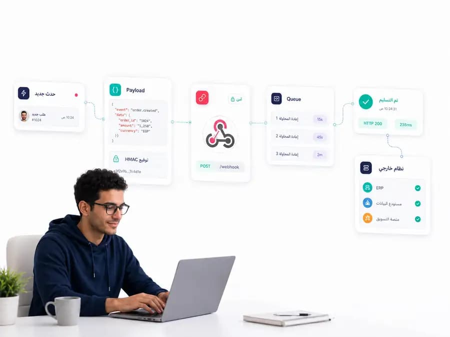 مسار تسليم Webhook يبدأ بحدث جديد ثم payload وتوقيع HMAC وقائمة انتظار وينتهي باستجابة HTTP 200