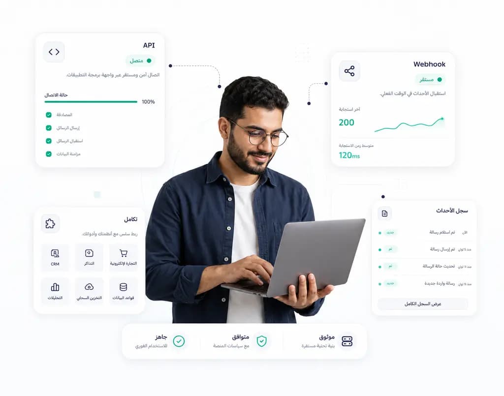 تشغيل واتساب للأعمال API مع Webhooks وتكاملات CRM والتجارة الإلكترونية والتحليلات