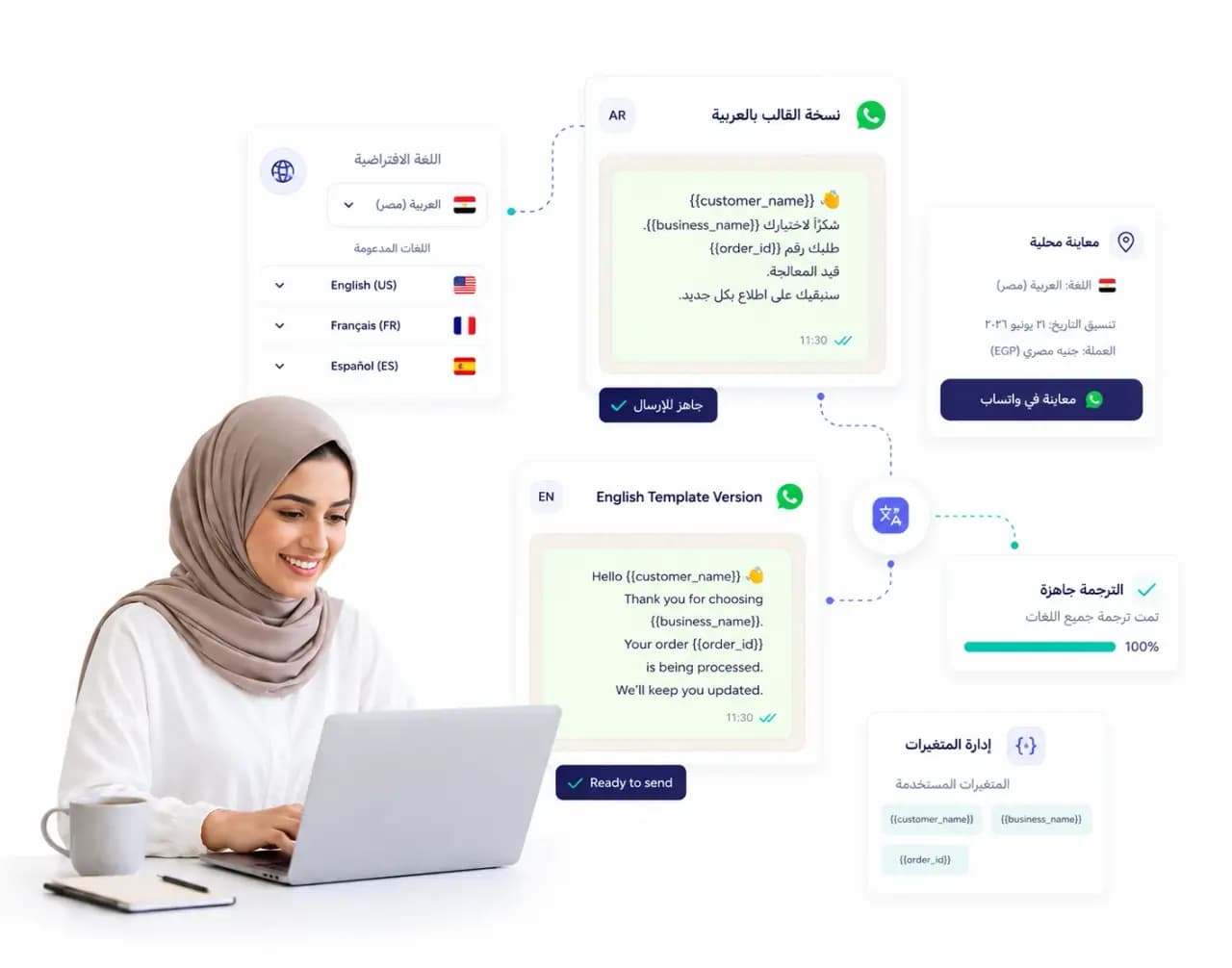 نسخ عربية وإنجليزية لقالب واتساب مع متغيرات جاهزة